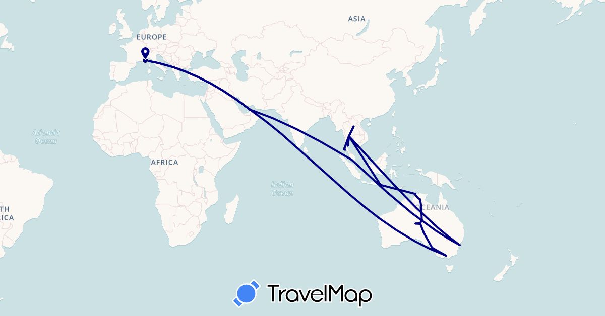 TravelMap itinerary: driving in United Arab Emirates, Australia, France, Indonesia, Laos, Malaysia, Thailand (Asia, Europe, Oceania)